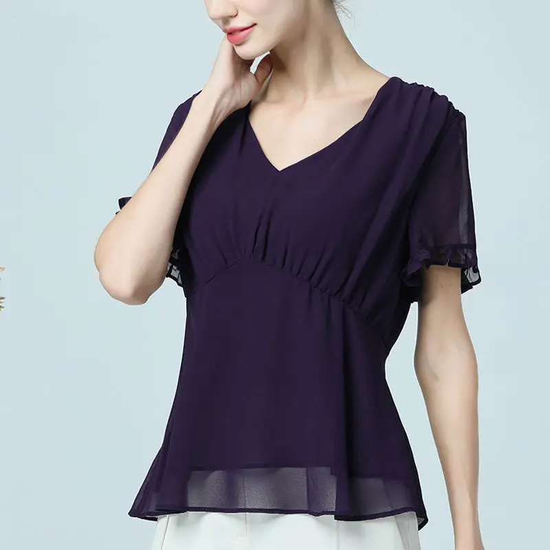 

Women's Spring Summer Style Chiffon Blouse Shirt Women's Solid Color V-Neck Short Sleeve Korean Casual Tops ZZ1233