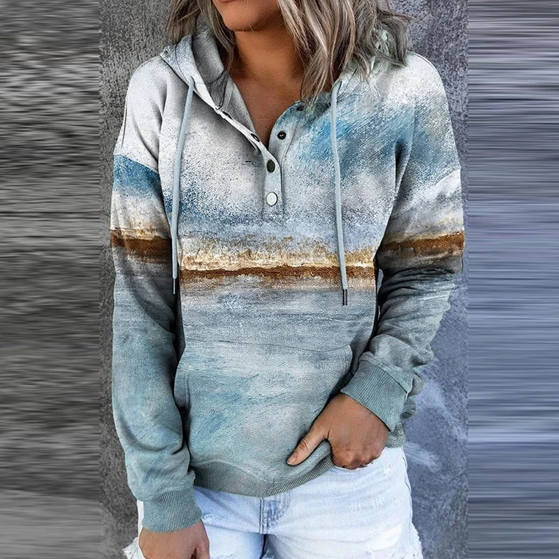 

Women's casual hoodie with buttons and shoelaces, retro landscape printing, autumn and winter, 2021