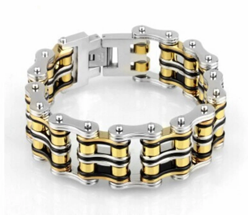 

Fashion Jewelry 22.5cm Stainless Steel Bike Chain Men's Bracelet Yellow & Heavy Chunky Link Chain Bracelet Bangle