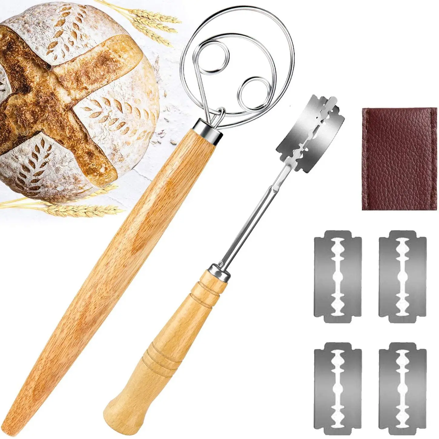 Juego de batidor de masa de acero inoxidable para panaderos, herramienta de corte de pan con 5 cuchillas, cubierta protectora de cuero
