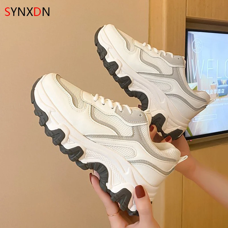 

wohdhe Women Sneakers Flats Thick-soled Sports Shoes For Woman Spring Zapatillas Mujer Brand Breathable Mesh Tenis 2021 New