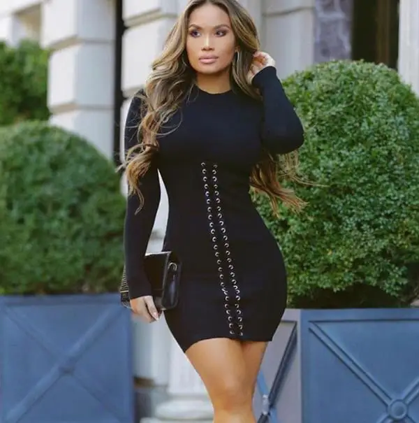 

2020 Spring and Autumn High Waist Lace Slim High Neck Long Sleeve Dress Line Stitching Dress Multicolor Fashion Casual Dress