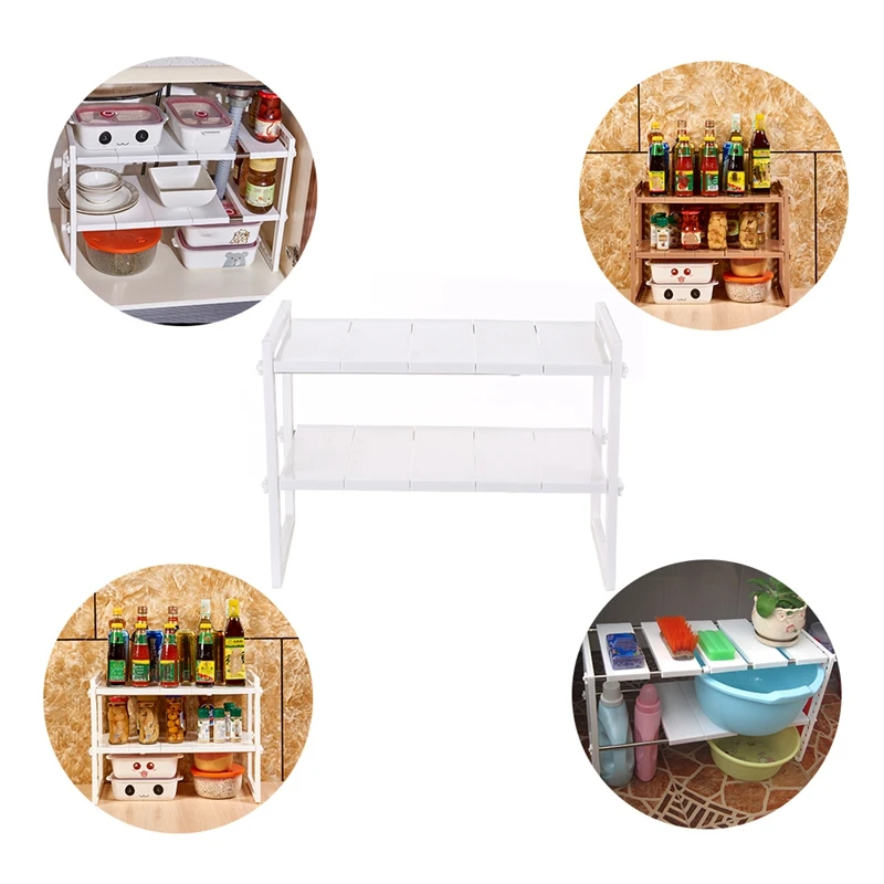 

Multi-Functional Under Sink 2-Tier Expandable Shelf Storage Organizer Adjustable Stainless Steel Kitchen Sink Rack White