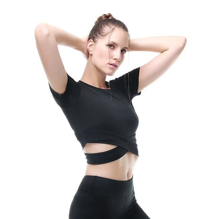 

Yoga Crop Top Tights Women's Short Sleeve Running Fitness T-shirt Quick Open Suit Mujer Camisetas
