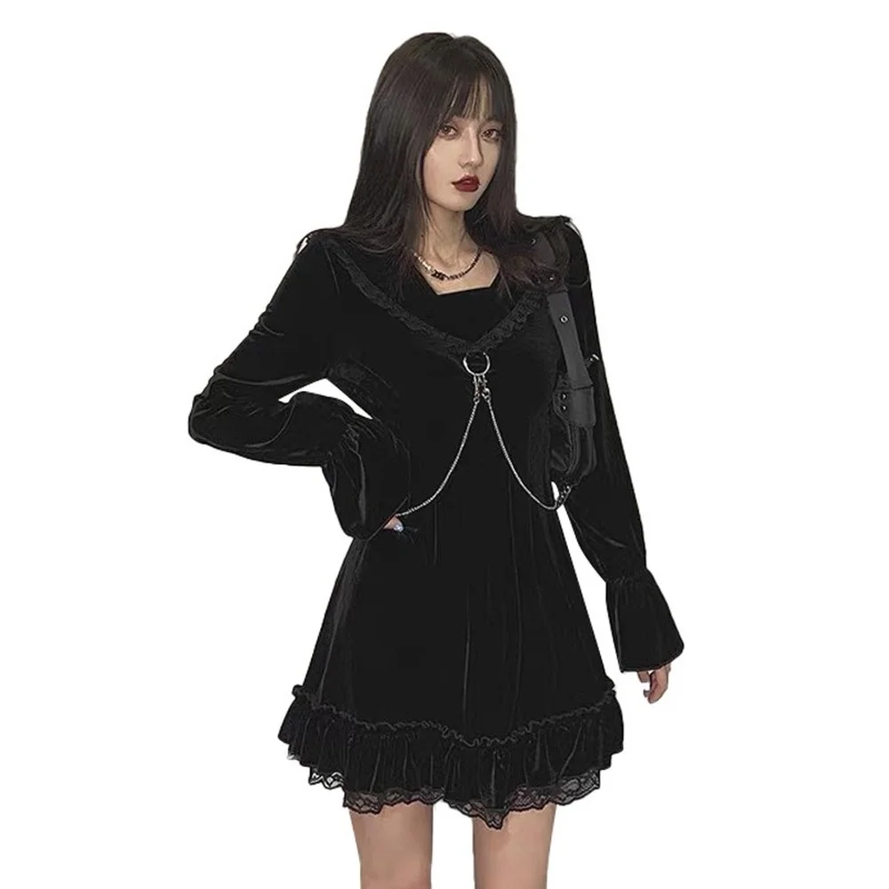 

Women Gothic Puff Sleeve Black Dresses Velvet Vintage Lace Aesthetic Patchwork A-LINE Dresses Sexy Club Partywear Dress