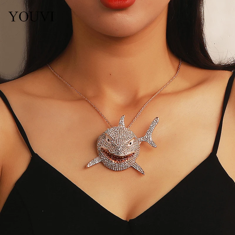 

YOUVI Exaggerated Crystal Shark Pedant Necklace for Women Vintage Punk Choker Women's Neck Chain Jewelry Grunge Couple Pendants