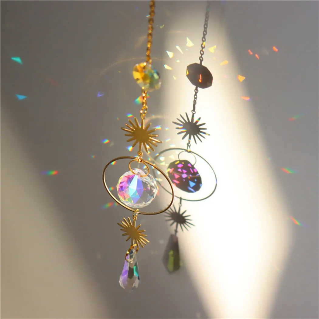 

Crystal Wind Chime Moon Rainbow Sun Plated Colorful Projection Beads Pendant For Garden Decor Creative Girls Gifts
