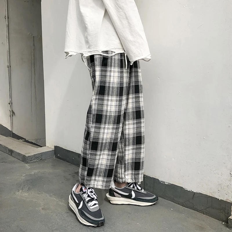 

2021 Spring Korean Style Loose Plaid Casual Pants Kpop Couple Trousers Hip Hop Joggers Men Clothing Streetwear Harajuku Male