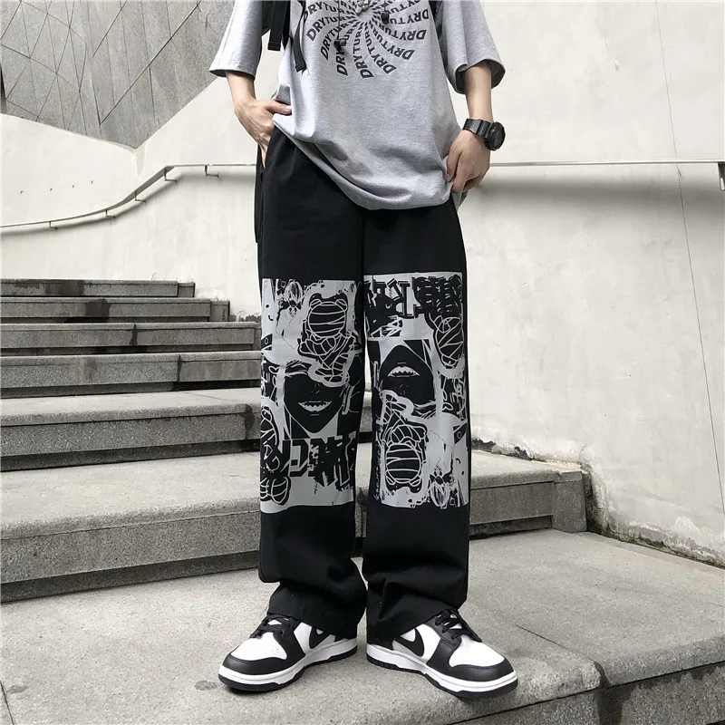 

Gothic Anime Print Wide Leg Trousers Women Harajuku Oversize Black Cargo Pants Hippie Streetwear Jogging Sweatpants