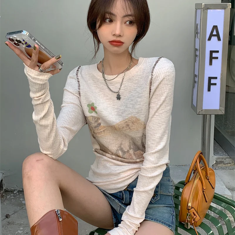 Korejepo Printed Long Sleeve T-shirt Women Spring and Antumn 2022 New Versatile Thin Loose Bottomed Korean Chic Fashion Tops | Женская