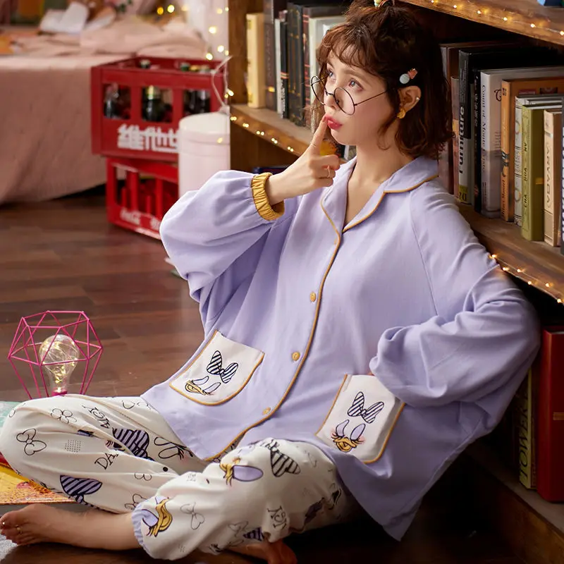 Cotton Pajamas for Women Spring and Autumn Lapel Thin Suit Autumn and Winter Ladies Long-sleeved Pajamas Home Wear Pajamas Women