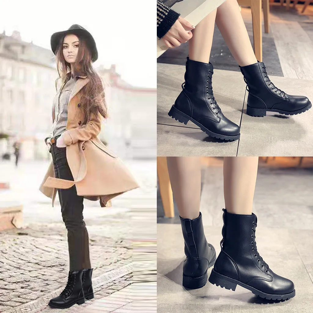 Женские ботинки модные однотонные кожаные средней длины на шнуровке толстые с
