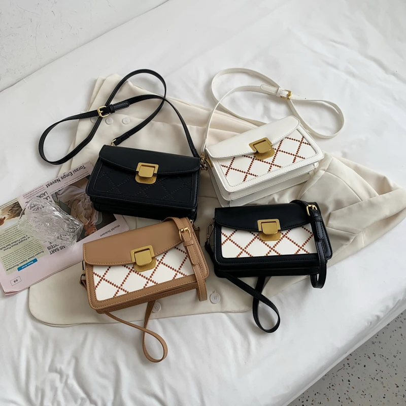 

Panelled Thread Woman's Shoulder Bag Modern Popular Style Small Flap Crossbody Bag PU Leather Horizontal Square Women Bag