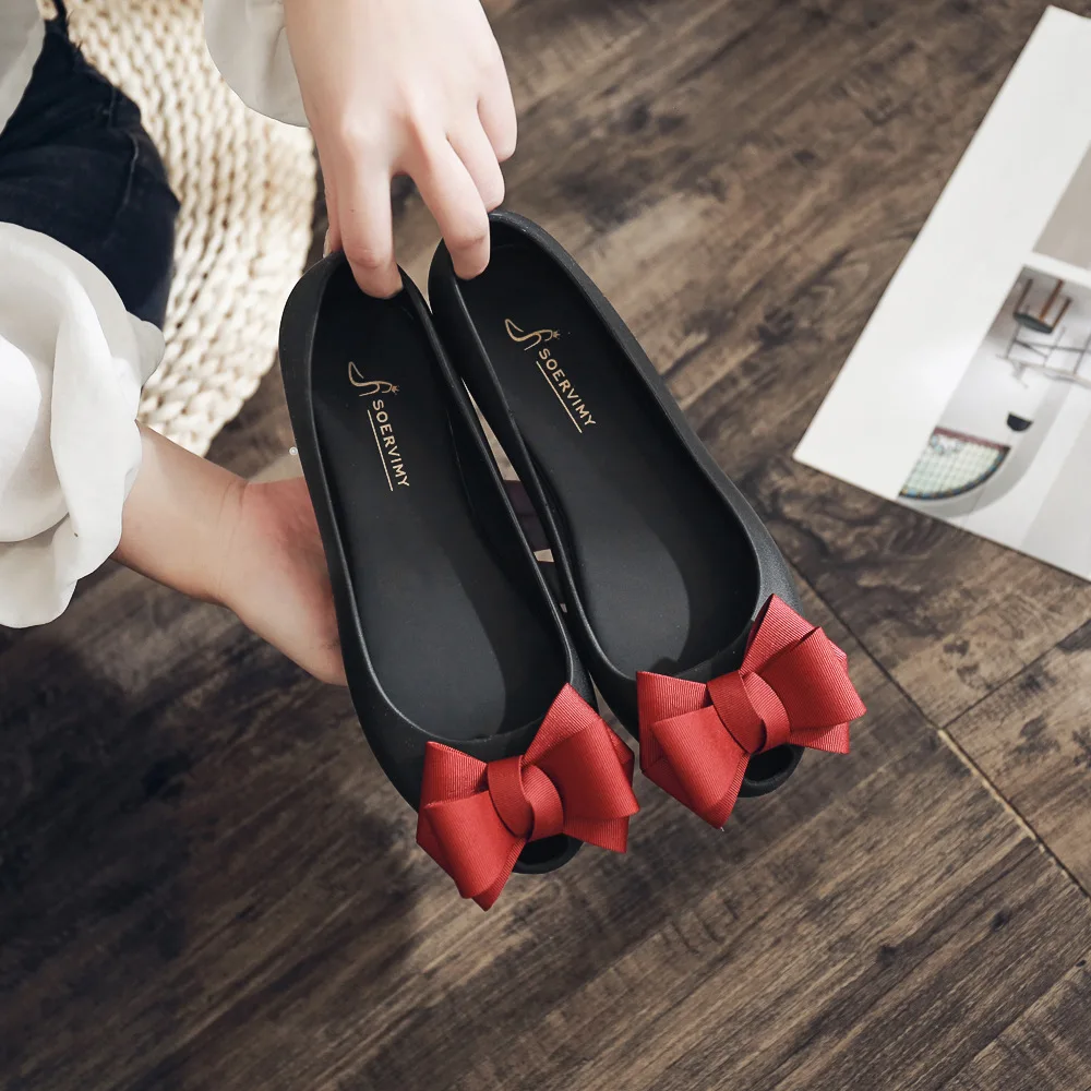 Korean Simple Bow Casual Shoes Fish Mouth Flat Bottom Jelly Shoes Flats Shoes Women Shoes Women Oxford Shoes for Women