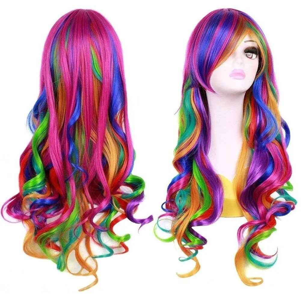 Multi Color Women Wigs Halloween Party Clown Wear Anime Harajuku Style Rainbow Curly Synthetic Hair Party Costume Lolita Wig