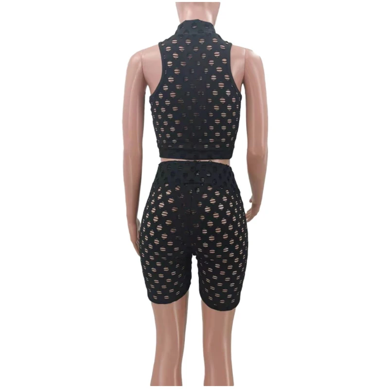 

Summer Hole Hollow Out Bandage Outfits For Women Turtleneck Crop Top And Shorts Sets Bodycon 2 Piece Set Sexy Casual Perspective