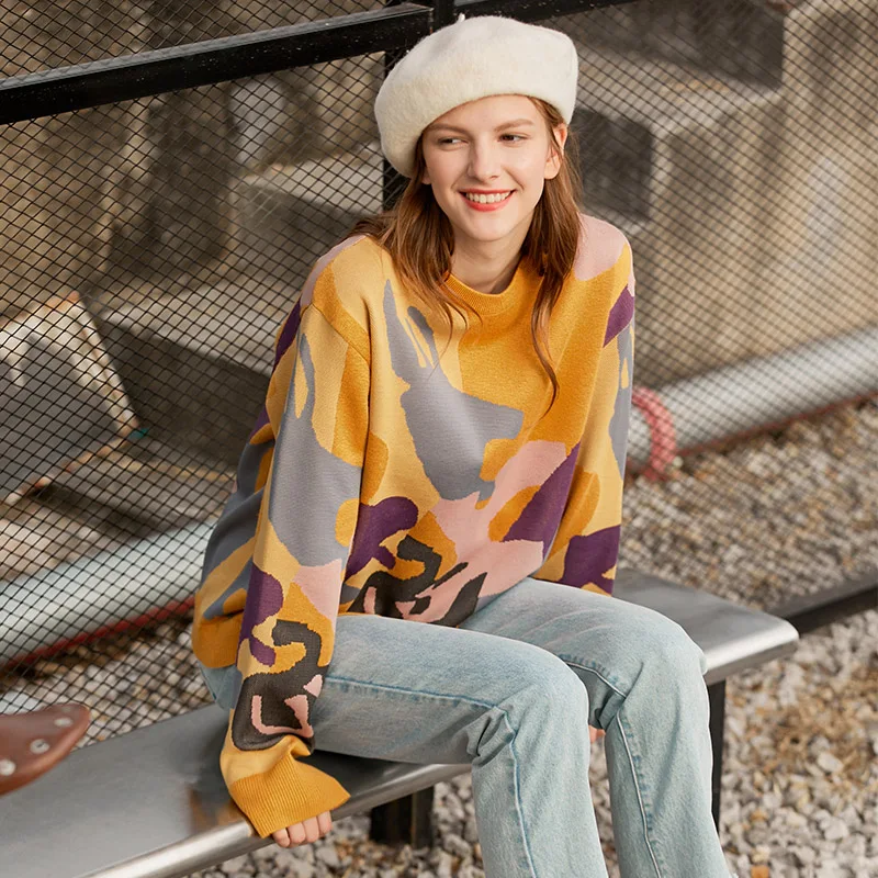 

spring lazy style loose sweater women new contrasting, round-collar base-wool sweater pullover tops fall 2020 women