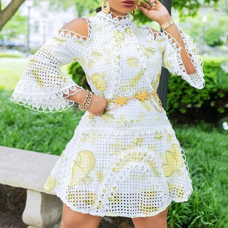 

Women Chic Mini Dress Hollow Out Print Flare Sleeve A-line Short Dresses Summer Casual Robe Outfit Large Size 5XL Female Clothes
