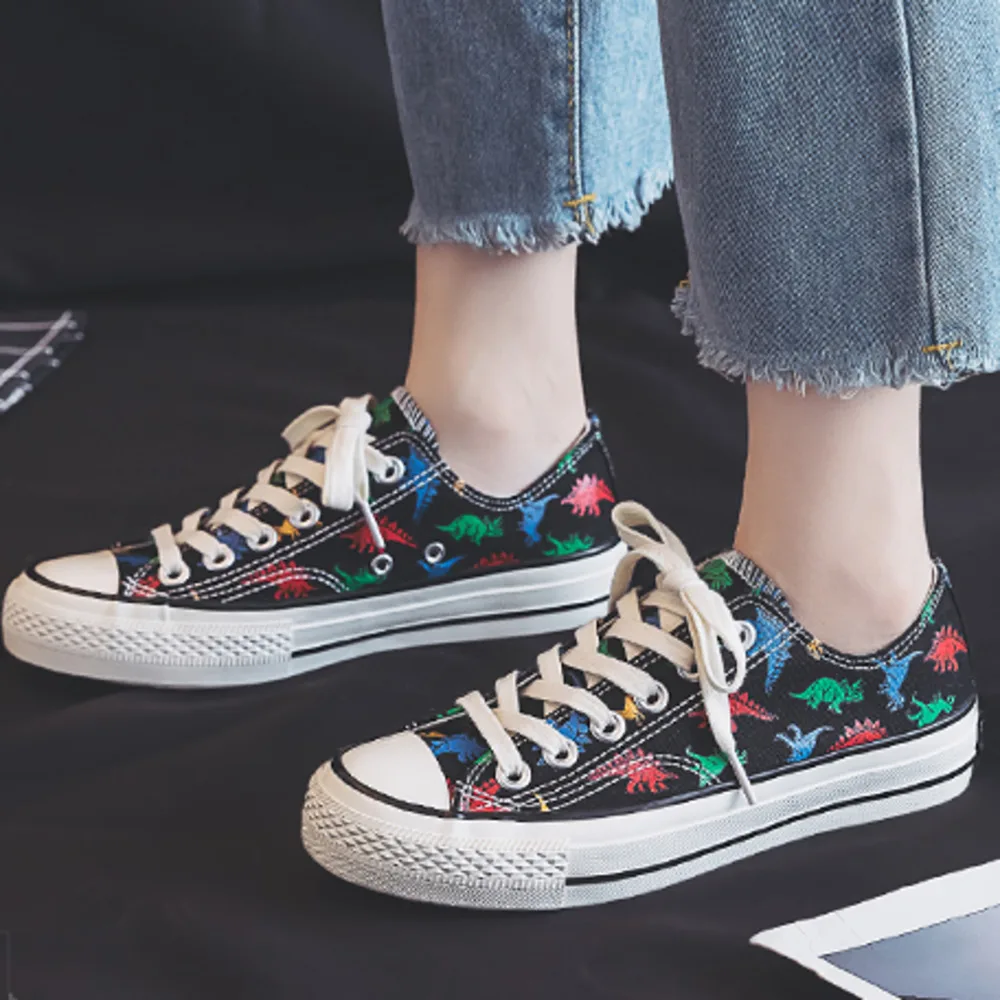 Парусиновая обувь для девочек Кроссовки на высоком каблуке с рисунком динозавра