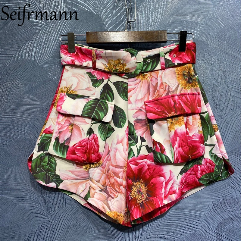 

Seifrmann New 2021 Summer Women Fashion DesignerShorts Set Short Sleeve Loose Tees+High Waist Pockets Floral Print Shorts Suits