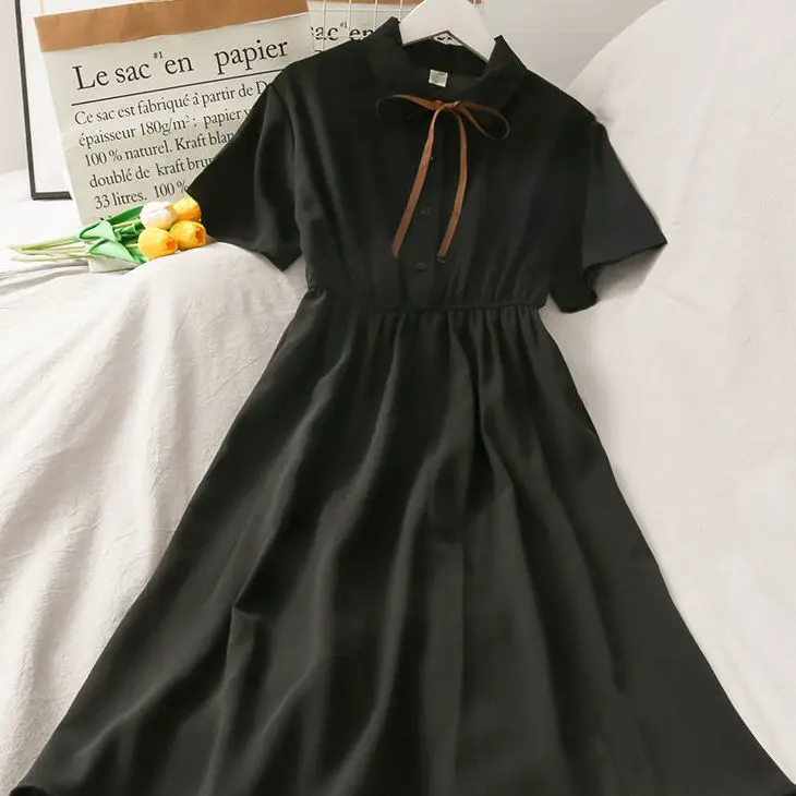

2021 Dress Women Chiffon Bow Solid High Waist Turn-down Collar Preppy Style Popular Temperament Girls Summer Party Dress Female