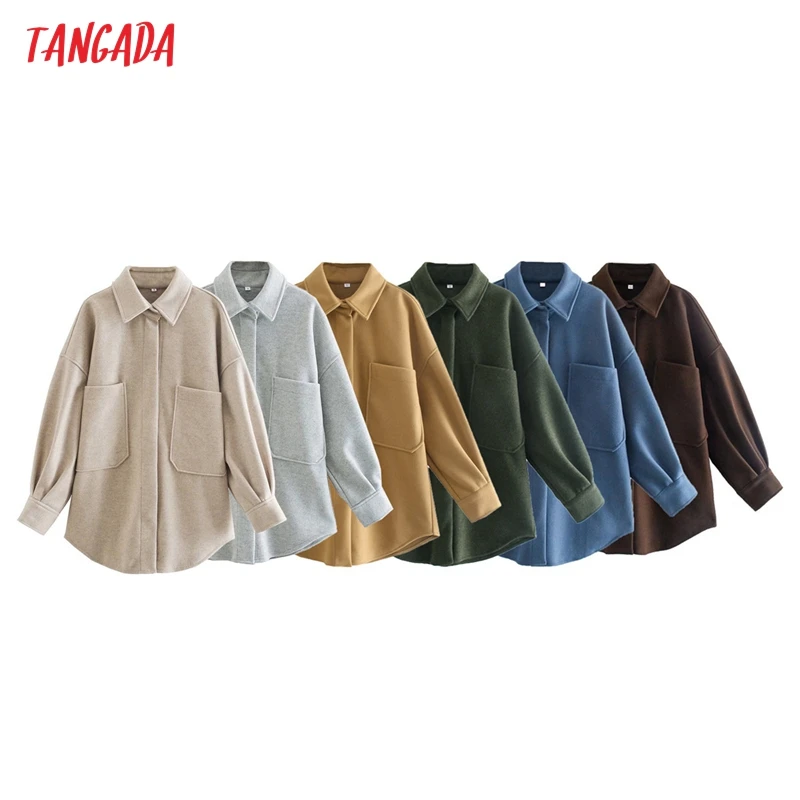 

Tangada Women's Solid Woolen Jacket Loose Long Sleeves Pocket Ladies Elegant Autumn Winter Coat QJ126