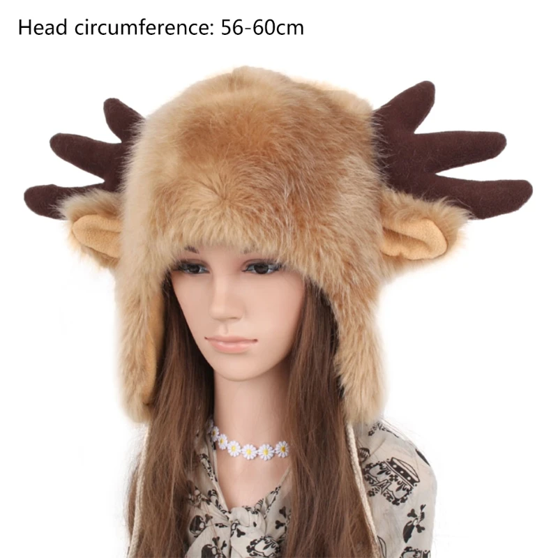 

Women Men Winter Furry Plush Snow Trapper Hat Cute Ox Horns Deer Antlers Fluffy Animal Cap with Ear Flap Cosplay Earmuff