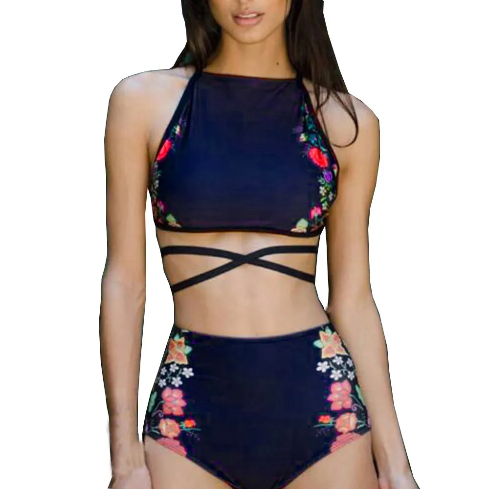 

Women High Neck Bikini Set Swimwear Cross Bandage Padded Floral Print Bra Swimsuit maillot de bain Bathing New C0320
