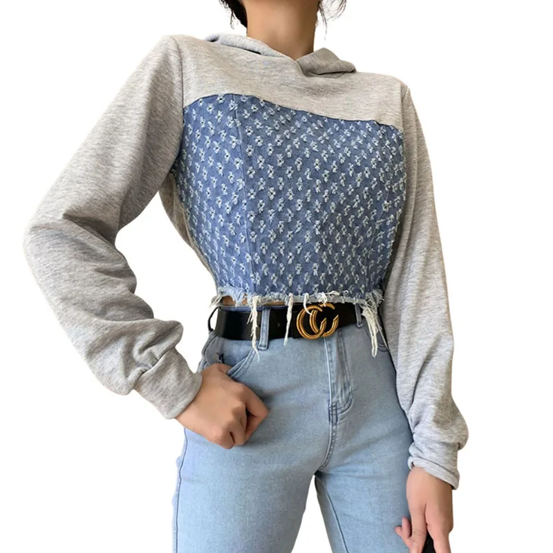 

2021 Women Hoodies Long Sleeve Hooded Collar Stitching Color Block Patchwork Casual Spring Ladies Clothing