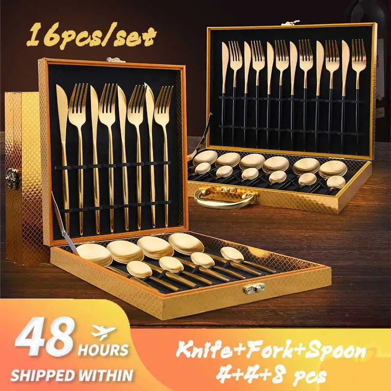 

16pcs Kitchen Spoon And Fork Set Dinnerware Cutlery Gold 16 Pcs Flatware Stainless Steel Dinnerware with Wooden Gift Box Nосуда