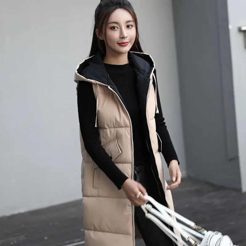 

Tank Top Contrast Color Pockets Sleeveless Warm Cotton Lining Hooded Outerwear Clothing Spring Padded Long Vest Women Waistcoats