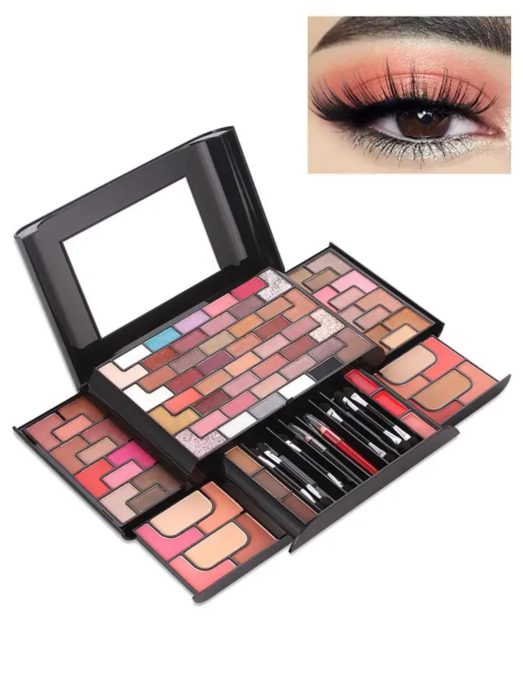 Набор для макияжа Make Up Комплект 68-Цвет тени для век 8-Цвет кисть для румян 4-Цвет рассыпчатая пудра 3-Цвет пудра для бровей губная помада Рождественский подарок