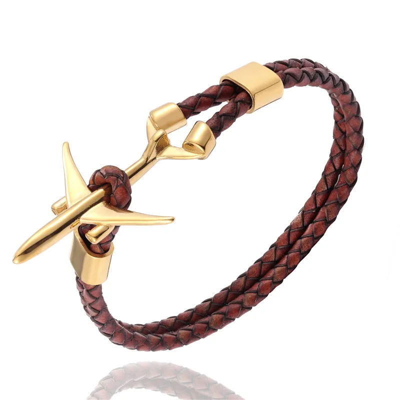 Gold Coffee MKENDN Hot Sale Stainless Steel Airplane Anchor Bracelets Men Women Genuine Multilayer Leather Bracelet Freestyle Homme Jewelry - Окраска металла: Gold Coffee
