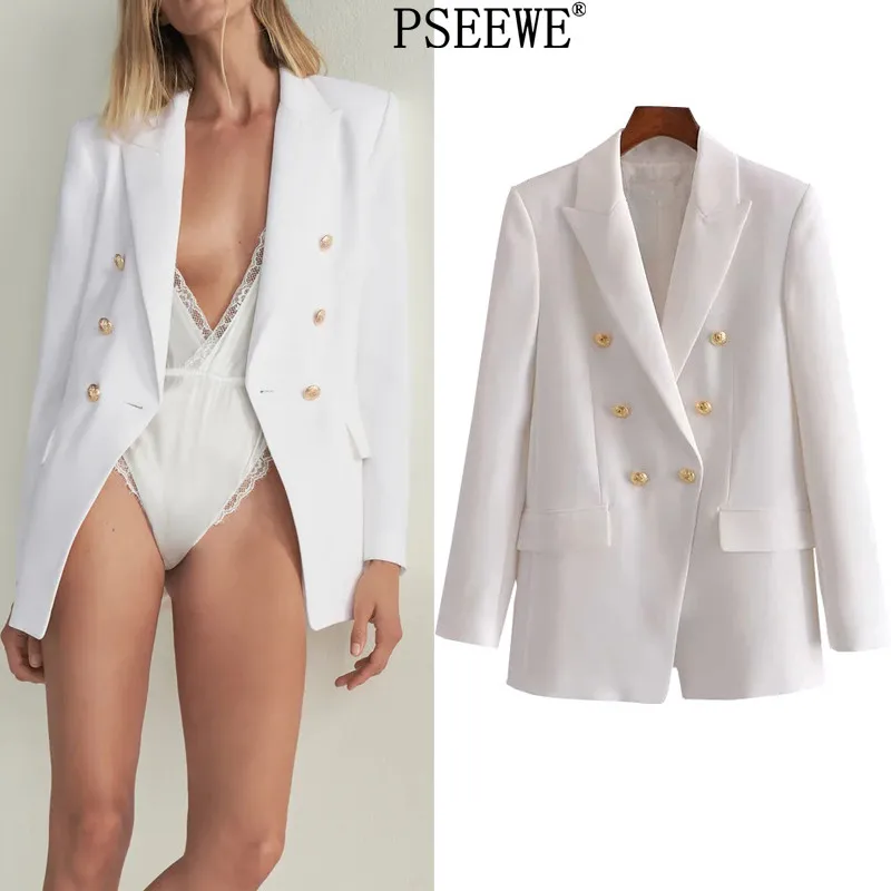 

PSEEWE Female Suit 2021 Double Breasted White Blazer Women Suits Office Sets High Waist Pants Elegant Suit Pants and Jacket