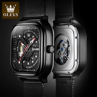olevs mens fully automatic mechanical watch luxury brand fashion hollow out perspective square watches leather mesh top quality