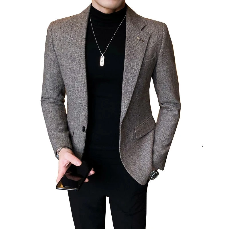 

Latest Herringbone Brown Notched Lapel Single Button Suit Designer Costume Mariage Party Tuxedo Groom Wedding Slim Fit Blazer