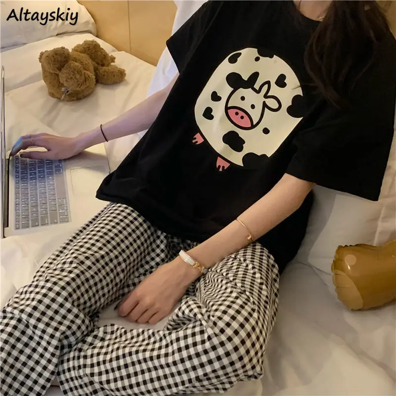 

Pajama Sets Women Lovely Summer O-neck Cow-print Loose Fashion Causal Simple Japanese Style Chic Sleepwear Female Soft Mujer New