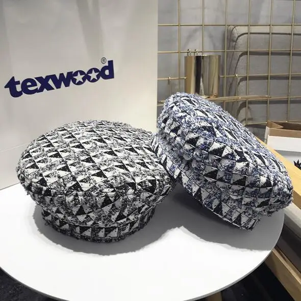 2019 новые женские береты твидовый головной убор в клетку шляпа кожаные края шапки