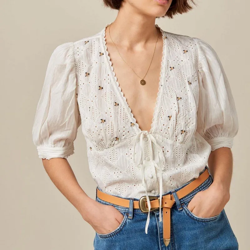 

Embroidery Flower Women's Shirt Deep V Short Sleeve Lace-up White Summer Lady Tops and Blouse with Buttons