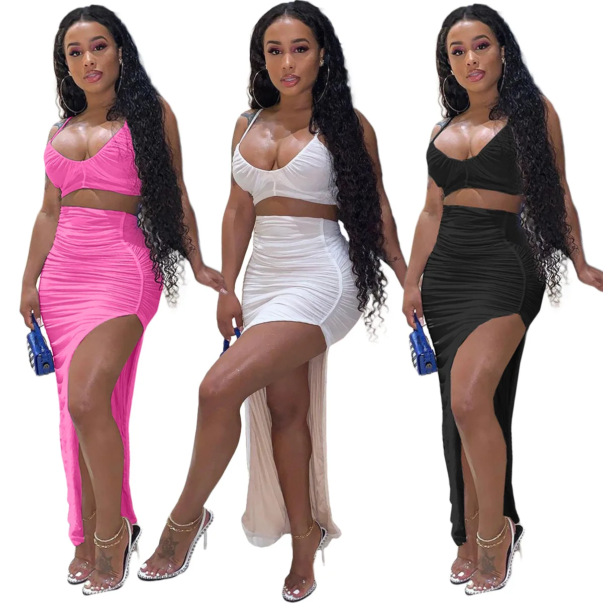 

Spaghetti Strap Crop Top Long Split Skirt Sexy Outfits for Woman Night Clubwear Summer Vacation Clothes Bandage Hollow Dress
