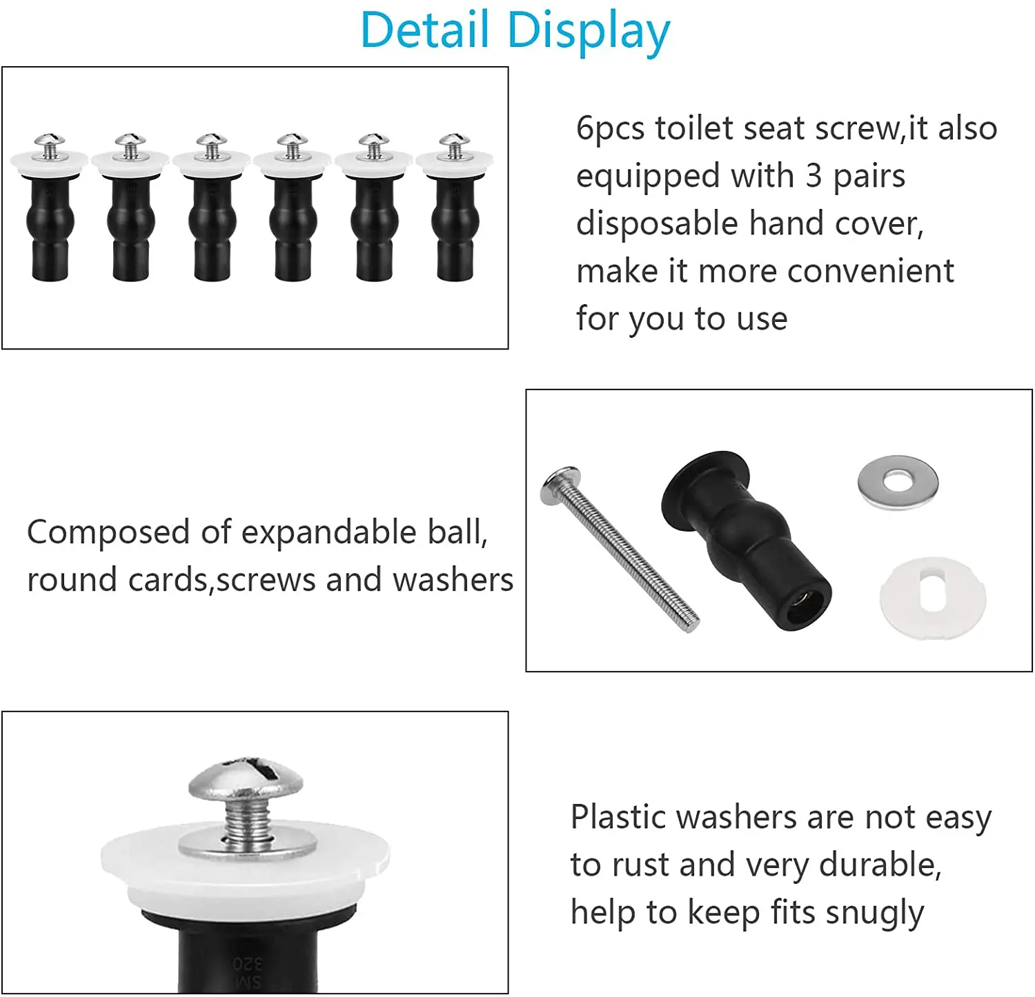 

metable 6pcs Toilet Seat Screws,Universal Expanding Rubber Screw Top Fixing Hinges Fitting WC Blind Hole Plastic Washers Nut