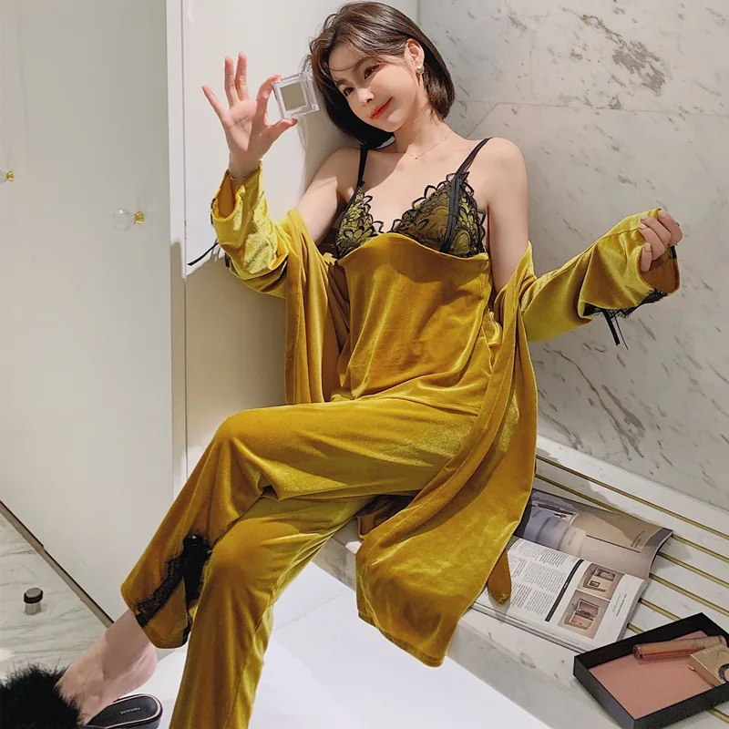 

Women Sexy Lace Robe Pajama Sleepwear Suit Nightwear Fashion Velvet 3Pieces Warm Winter Pyjamas Sets