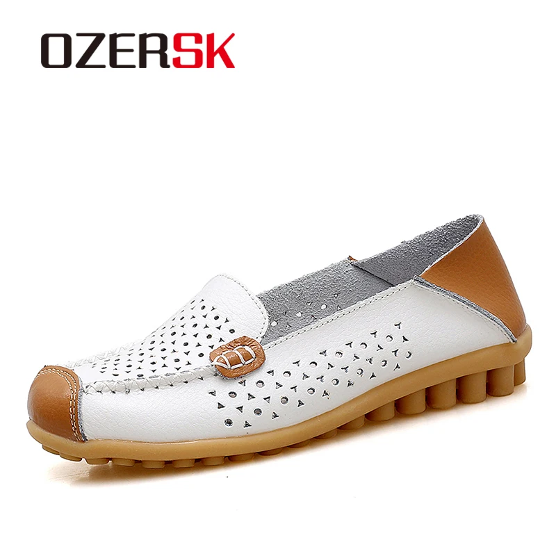 OZERSK New Casual Shoes Woman Genuine Leather Female Flats Hollow Breathable Loafers Lady Soft Footwear Summer | Обувь