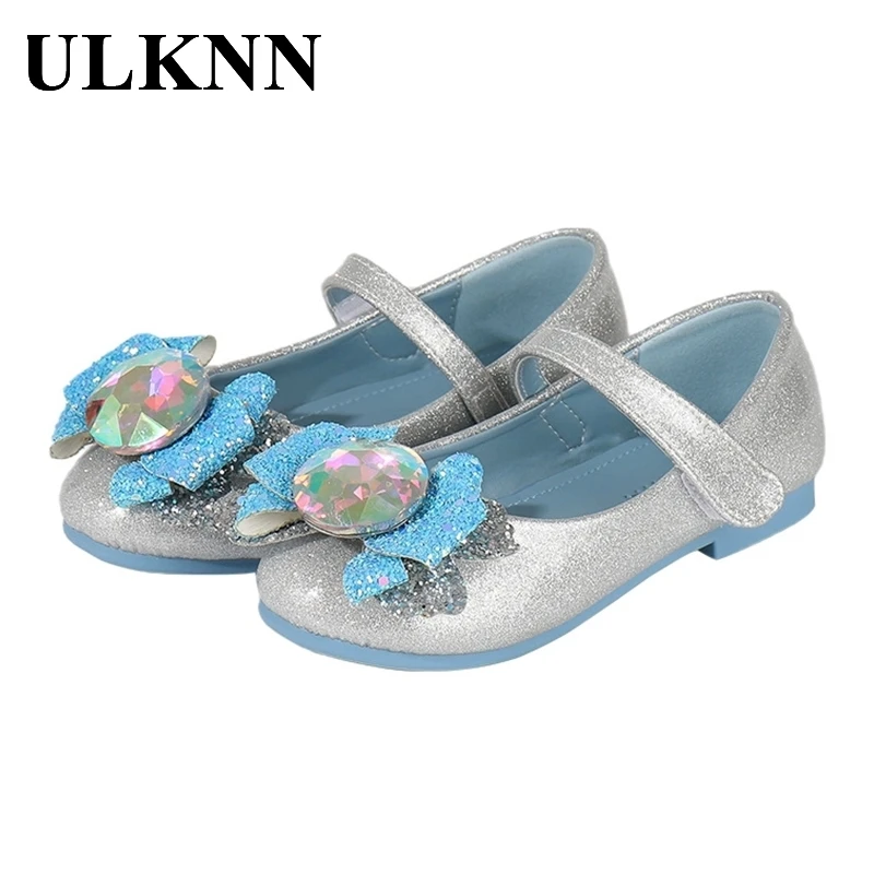 

ULKNN Princess Kids Leather Casual Shoes Children's Girls Ballet Flats New Flower Glitter Dance Shoe Soft Sole Cute Blue Silver