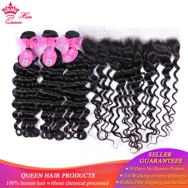 

Queen Hair Official Store Lace Frontal With Bundles Brazilian Natural Wave More Wave Human Hair Bundles With Lace Closure Virgin