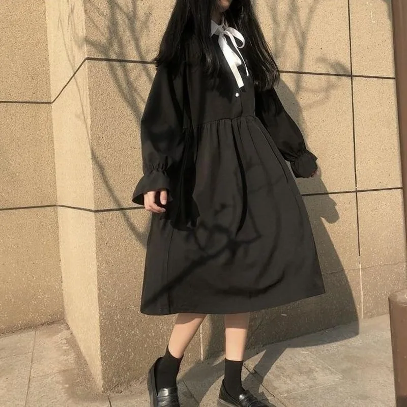 

Long Sleeve Dress Women Patchwork Bow Knot Kawaii Japanese Style All-Match A-Line Casual Daily Womens Clothing Vintage Fashion