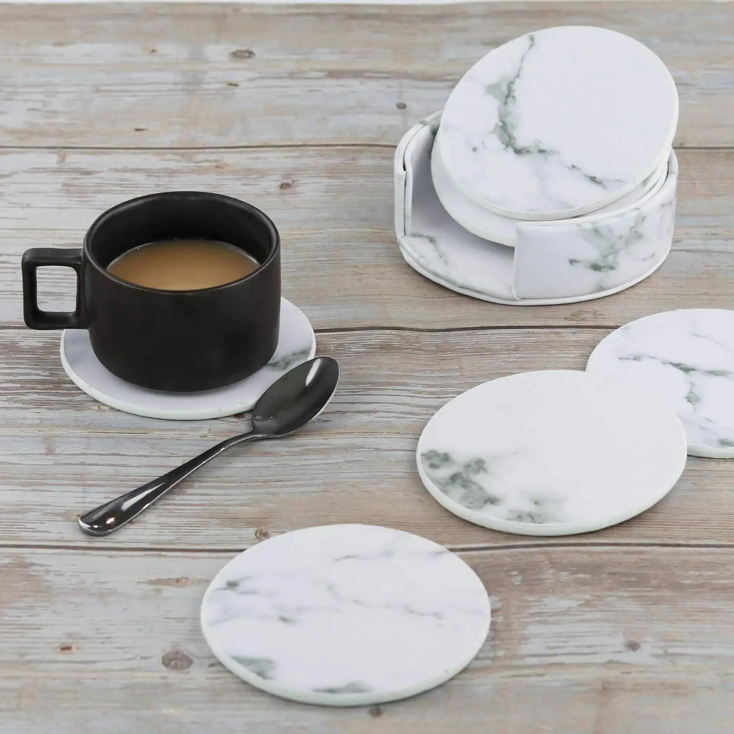 6 pcs Marble Coasters with Holder for Drinks Leather Round Cup Mat Pad Home and Kitchen Housewarming Gift | Дом и сад