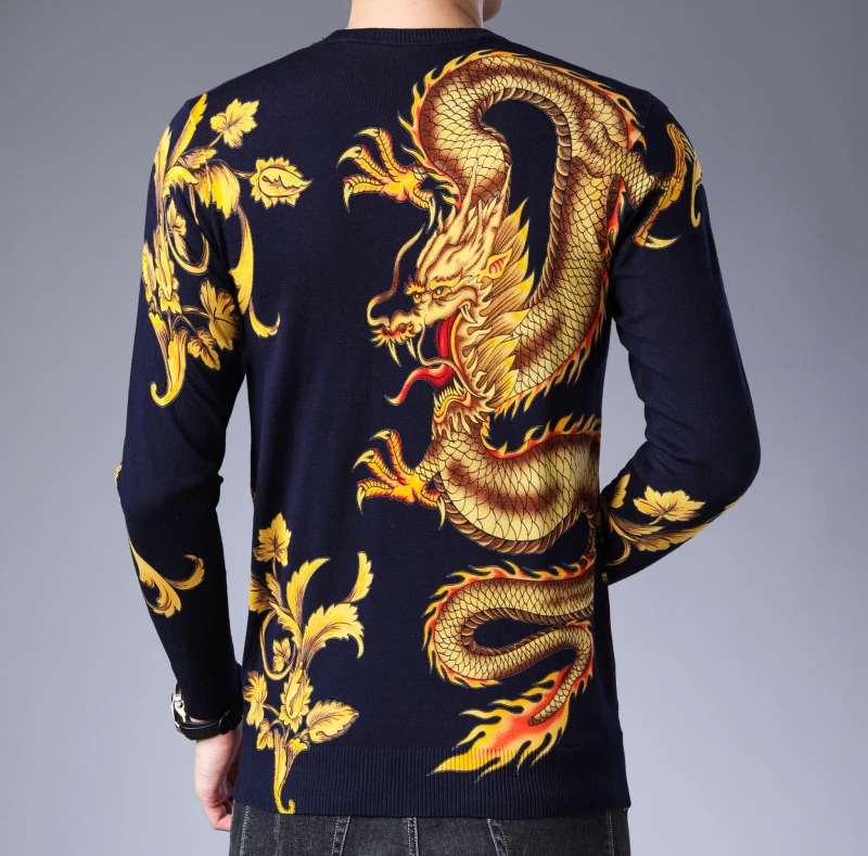 Autumn Sweater Men Jersey Clothing Black Gold Dragon Print Sweater Pullover For Men Casual Club Party Dj Clothing