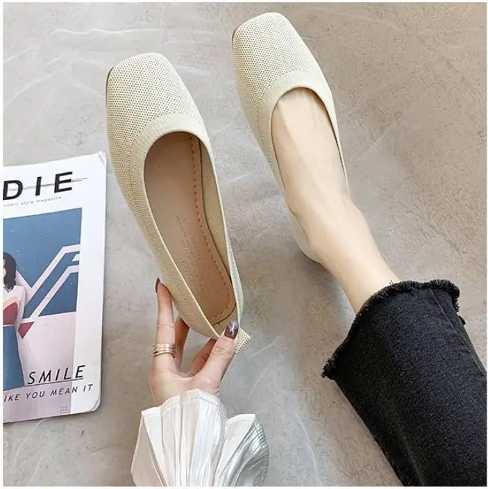 

Flat shoes 2021 women's shoes spring Korean square head shallow mount single shoes ladies non-grinding flying woven peas shoes