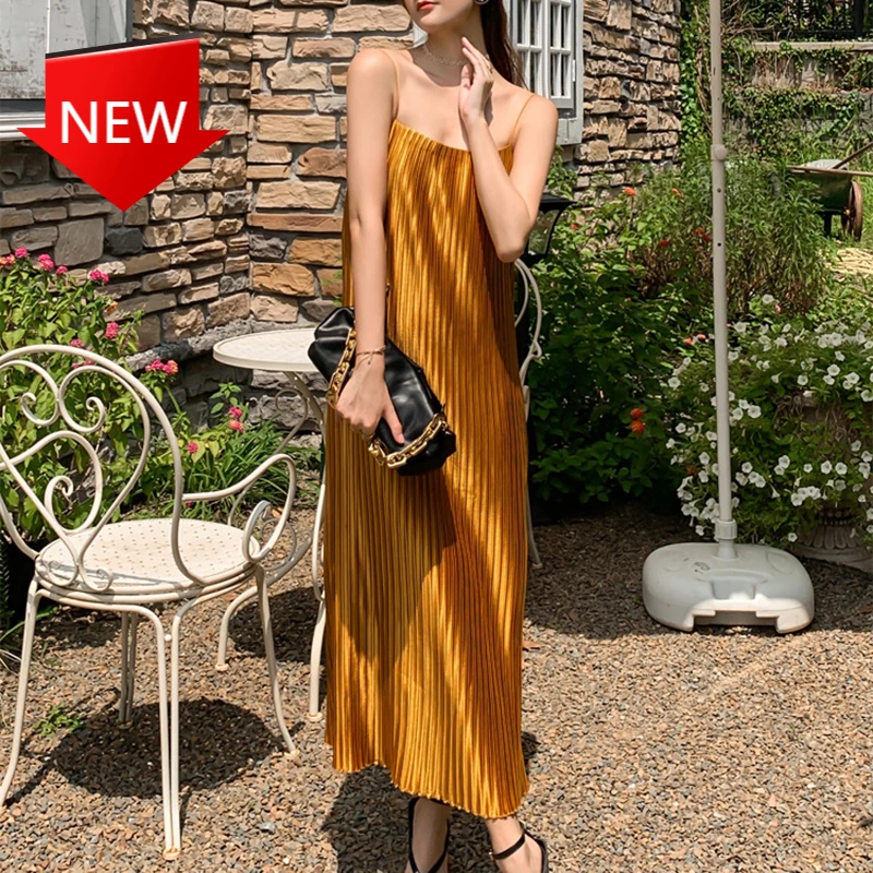 

Dress Spaghetti Strap Long Silk Dress Sexy Pleated Party Dress 2021 Summer Women Satin Slip